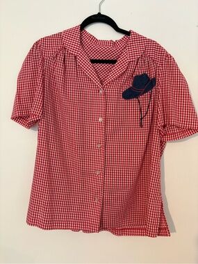 Vintage Handmade Red White Gingham Puff Sleeve Button-Up Cottagecore Western Top